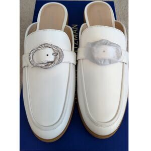 Stuart Weitzman White Crystal Buckle Leather Mules
